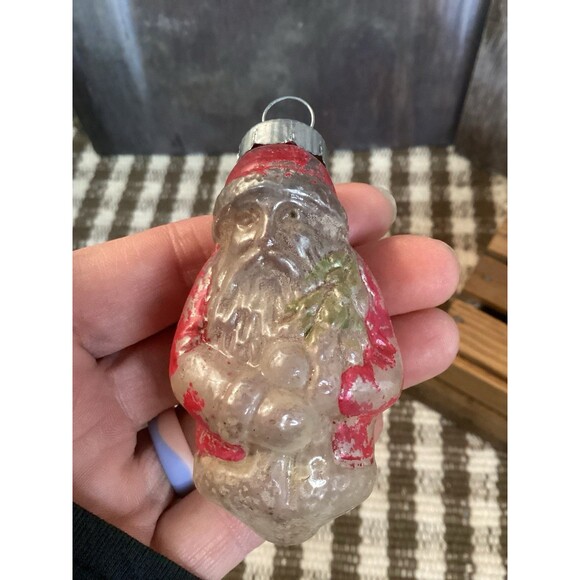 Vintage Mercury Glass Santa Claus Small Christmas Tree Ornaments Painted - Picture 7 of 11